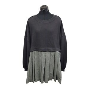 Free People Black Striped Tunic Sweatshirt Dress Layered Distressed Size M